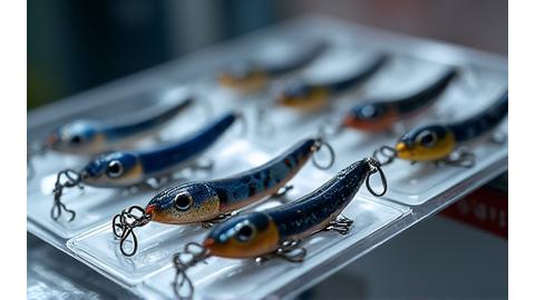 釣具メーカーのロゴと、そこで生産された新しいルアー製品