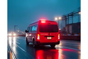 夜間にもかかわらず、緊急出動する技術者たちの車両が迅速に現場に向かっている様子。